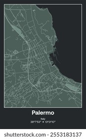 Editable vector poster map of Palermo, Italy, showcasing detailed street layouts, main roads, neighborhoods, and landmarks in Dark gray, Gray, Green, gray-green colors.