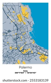 Editable vector poster map of Palermo, Italy, showcasing detailed street layouts, main roads, neighborhoods, and landmarks in Blue, Gray, Yellow, Olive colors.