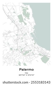 Editable vector poster map of Palermo, Italy, showcasing detailed street layouts, main roads, neighborhoods, and landmarks in Pastel, Gray, White, Green colors.