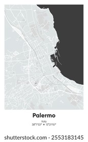 Mapa de pôster vetorial editável de Palermo, Itália, mostrando detalhados layouts de rua, estradas principais, bairros e pontos de referência em cores cinzentas, pretas, brancas, azuis.