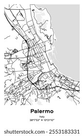 Editable vector poster map of Palermo, Italy, showcasing detailed street layouts, main roads, neighborhoods, and landmarks in Black, white, gray, BW colors.