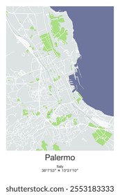 Editable vector poster map of Palermo, Italy, showcasing detailed street layouts, main roads, neighborhoods, and landmarks in Gray, Blue, Green, White colors.