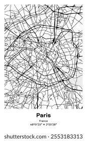 Editable vector poster map of Paris, France, showcasing detailed street layouts, main roads, neighborhoods, and landmarks in Black, white, gray, BW colors.