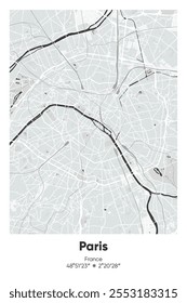 Mapa de pôster vetorial editável de Paris, França, exibindo detalhados layouts de rua, principais estradas, bairros e pontos de referência em cores cinzentas, pretas, brancas e brancas.