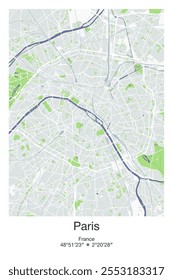 Mapa de pôster vetorial editável de Paris, França, exibindo detalhados layouts de rua, principais estradas, bairros e pontos de referência nas cores Cinza, Azul, Verde e Branco.