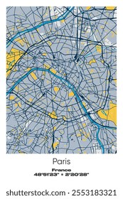 Editable vector poster map of Paris, France, showcasing detailed street layouts, main roads, neighborhoods, and landmarks in Blue, Gray, Yellow, Olive colors.