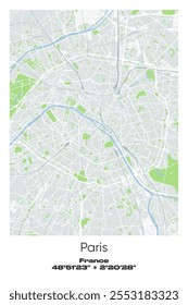 Mapa de pôster vetorial editável de Paris, França, mostrando detalhados layouts de rua, principais estradas, bairros e pontos de referência em cores cinzentas, brancas, verdes, azuis.