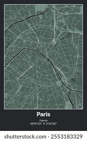 Editable vector poster map of Paris, France, showcasing detailed street layouts, main roads, neighborhoods, and landmarks in Dark gray, Gray, Green, gray-green colors.