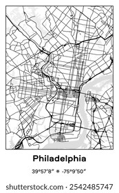 Mapa de póster de Vector editable de Filadelfia, Pensilvania, que muestra diseños detallados de calles, carreteras principales, vecindarios y Lugares famosos en colores negro, blanco y gris.