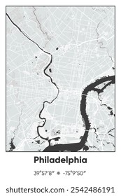 Editable vector poster map of Philadelphia,Pennsylvania, showcasing detailed street layouts, main roads, neighborhoods, and landmarks in Gray, Black, White colors.