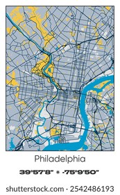 Editable vector poster map of Philadelphia,Pennsylvania, showcasing detailed street layouts, main roads, neighborhoods, and landmarks in Blue, Gray, Yellow, Olive colors.