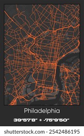 Editable vector poster map of Philadelphia,Pennsylvania, showcasing detailed street layouts, main roads, neighborhoods, and landmarks in Gray, Black, Orange colors.