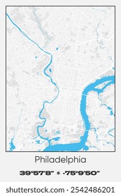 Mapa de póster de Vector editable de Filadelfia, Pensilvania, que muestra diseños detallados de calles, carreteras principales, vecindarios y Lugares famosos en colores gris, blanco y azul.