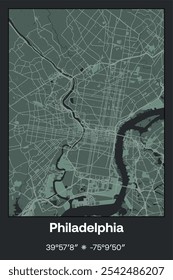 Editable vector poster map of Philadelphia,Pennsylvania, showcasing detailed street layouts, main roads, neighborhoods, and landmarks in Dark gray, Gray, Green, gray-green colors.