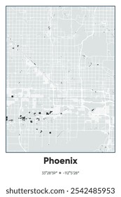 Mapa de pôster vetorial editável de Phoenix, Arizona, exibindo detalhados layouts de ruas, principais estradas, bairros e pontos de referência em cores cinzentas, pretas e brancas.