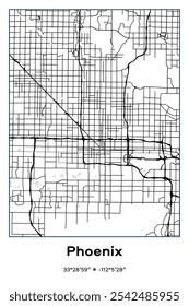 Mapa de pôster vetorial editável de Phoenix, Arizona, exibindo detalhados layouts de ruas, principais estradas, bairros e pontos de referência em preto, branco, cores cinzentas.