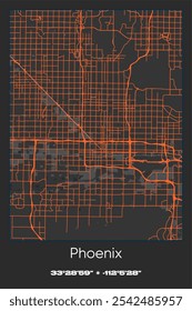 Mapa de pôster vetorial editável de Phoenix, Arizona, exibindo detalhados layouts de ruas, principais estradas, bairros e pontos de referência em cores cinza, preto, laranja.