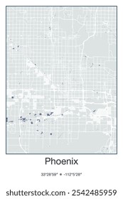 Mapa de pôster vetorial editável de Phoenix, Arizona, exibindo detalhados layouts de ruas, principais estradas, bairros e pontos de referência em cores cinzentas, azuis, verdes, brancas.