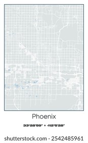 Mapa de pôster vetorial editável de Phoenix, Arizona, exibindo detalhados layouts de ruas, principais estradas, bairros e pontos de referência em cores cinzentas, brancas, verdes e azuis.