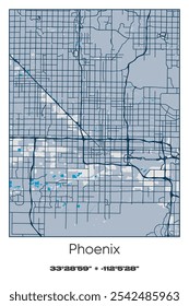 Mapa de pôster vetorial editável de Phoenix, Arizona, exibindo detalhados layouts de ruas, principais estradas, bairros e pontos de referência em azul, cinza, amarelo, azeitona cores.