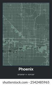 Editable vector poster map of Phoenix,Arizona, showcasing detailed street layouts, main roads, neighborhoods, and landmarks in Dark gray, Gray, Green, gray-green colors.