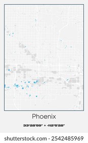 Mapa de pôster vetorial editável de Phoenix, Arizona, exibindo detalhados layouts de ruas, principais estradas, bairros e pontos de referência em cores cinzentas, brancas e azuis.