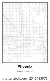 Mapa de pôster vetorial editável de Phoenix, Arizona, exibindo detalhados layouts de ruas, principais estradas, bairros e pontos de referência em cores Pastel, Cinza, Branco, Verde.