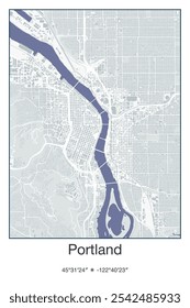 Editable vector poster map of Portland,Oregon, showcasing detailed street layouts, main roads, neighborhoods, and landmarks in Gray, Blue, Green, White colors.