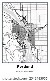 Editable vector poster map of Portland,Oregon, showcasing detailed street layouts, main roads, neighborhoods, and landmarks in Black, white, gray colors.