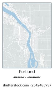 Editable vector poster map of Portland,Oregon, showcasing detailed street layouts, main roads, neighborhoods, and landmarks in Gray, white, green, blue colors.