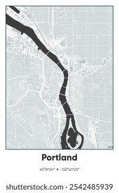 Editable vector poster map of Portland,Oregon, showcasing detailed street layouts, main roads, neighborhoods, and landmarks in Gray, Black, White colors.