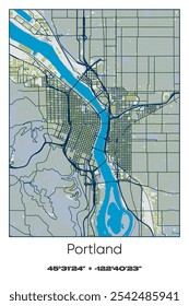 Editable vector poster map of Portland,Oregon, showcasing detailed street layouts, main roads, neighborhoods, and landmarks in Blue, Gray, Yellow, Olive colors.
