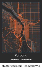 Editable vector poster map of Portland,Oregon, showcasing detailed street layouts, main roads, neighborhoods, and landmarks in Gray, Black, Orange colors.