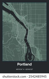 Editable vector poster map of Portland,Oregon, showcasing detailed street layouts, main roads, neighborhoods, and landmarks in Dark gray, Gray, Green, gray-green colors.