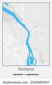 Editable vector poster map of Portland,Oregon, showcasing detailed street layouts, main roads, neighborhoods, and landmarks in Gray, white, blue colors.