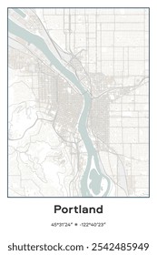 Mapa editável de pôster vetorial de Portland, Oregon, exibindo detalhados layouts de rua, principais estradas, bairros e pontos de referência nas cores Pastel, Gray, White, Green.