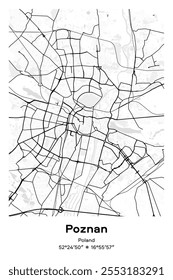 Editable vector poster map of Poznan, Poland, showcasing detailed street layouts, main roads, neighborhoods, and landmarks in Black, white, gray, BW colors.