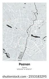 Editable vector poster map of Poznan, Poland, showcasing detailed street layouts, main roads, neighborhoods, and landmarks in Gray, Black, White, BW colors.