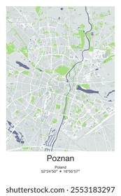 Mapa de pôster vetorial editável de Poznan, Polônia, mostrando detalhados layouts de rua, principais estradas, bairros e pontos de referência em cores cinzentas, azuis, verdes, brancas.