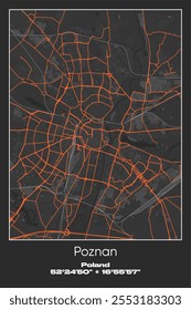 Editable vector poster map of Poznan, Poland, showcasing detailed street layouts, main roads, neighborhoods, and landmarks in Gray, Black, Orange colors.