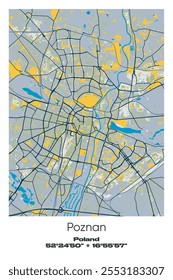 Editable vector poster map of Poznan, Poland, showcasing detailed street layouts, main roads, neighborhoods, and landmarks in Blue, Gray, Yellow, Olive colors.