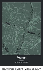 Editable vector poster map of Poznan, Poland, showcasing detailed street layouts, main roads, neighborhoods, and landmarks in Dark gray, Gray, Green, gray-green colors.