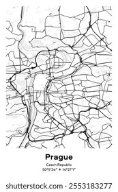 Mapa de póster de Vector editable de Praga, República Checa, que muestra diseños detallados de calles, carreteras principales, vecindarios y Lugares famosos en colores negro, blanco, gris y blanco.