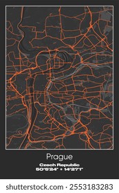 Mapa de póster de Vector editable de Praga, República Checa, que muestra diseños detallados de calles, carreteras principales, vecindarios y Lugares famosos en colores gris, negro y naranja.