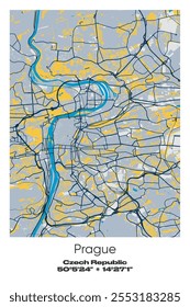 Mapa de póster de Vector editable de Praga, República Checa, que muestra diseños detallados de calles, carreteras principales, vecindarios y Lugares famosos en colores azul, gris, amarillo y oliva.