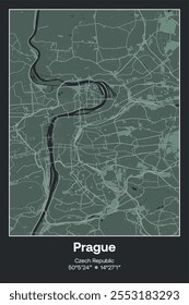 Mapa de póster de Vector editable de Praga, República Checa, que muestra diseños detallados de calles, carreteras principales, vecindarios y Lugares famosos en colores gris oscuro, gris, verde, gris-verde.