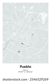 Mapa de pôster vetorial editável de Puebla, México, exibindo detalhadamente layouts de ruas, principais estradas, bairros e pontos de referência em cores cinzentas, pretas, brancas e brancas.