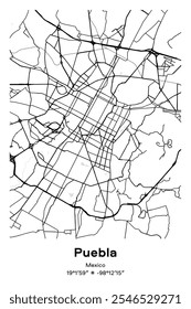 Mapa de pôster vetorial editável de Puebla, México, exibindo detalhadamente layouts de ruas, principais estradas, bairros e pontos de referência em preto, branco, cinza, BW cores.