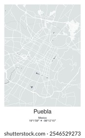 Mapa de pôster vetorial editável de Puebla, México, exibindo detalhadamente layouts de ruas, principais estradas, bairros e pontos de referência em cores Cinza, Azul, Verde e Branco.