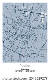 Mapa de pôster vetorial editável de Puebla, México, exibindo detalhadamente layouts de ruas, principais estradas, bairros e pontos de referência em azul, cinza, amarelo, azeitona cores.